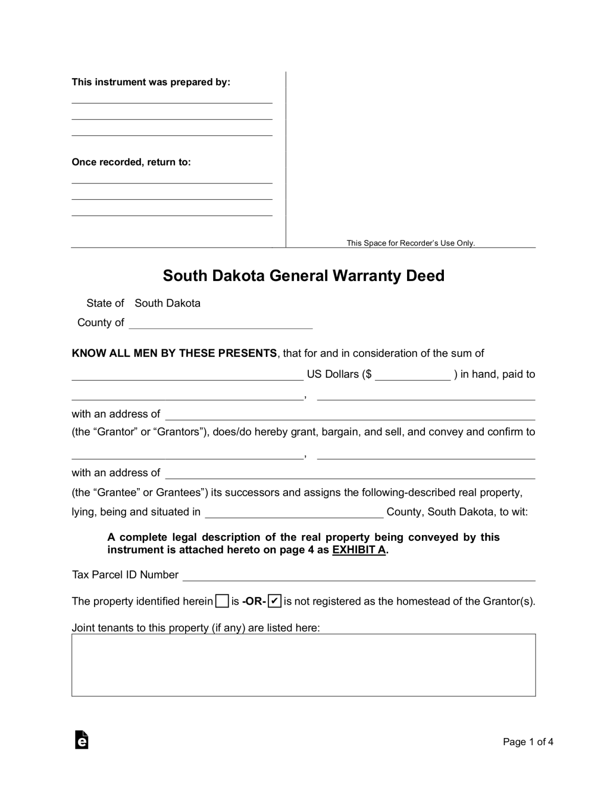 Free South Dakota General Warranty Deed Form PDF Word eForms