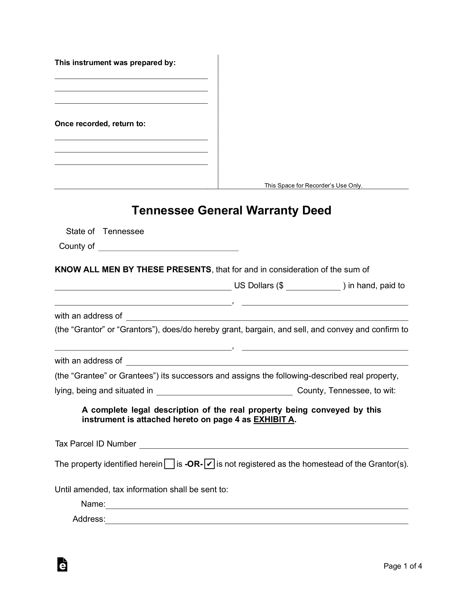 Free Tennessee General Warranty Deed Form PDF Word EForms