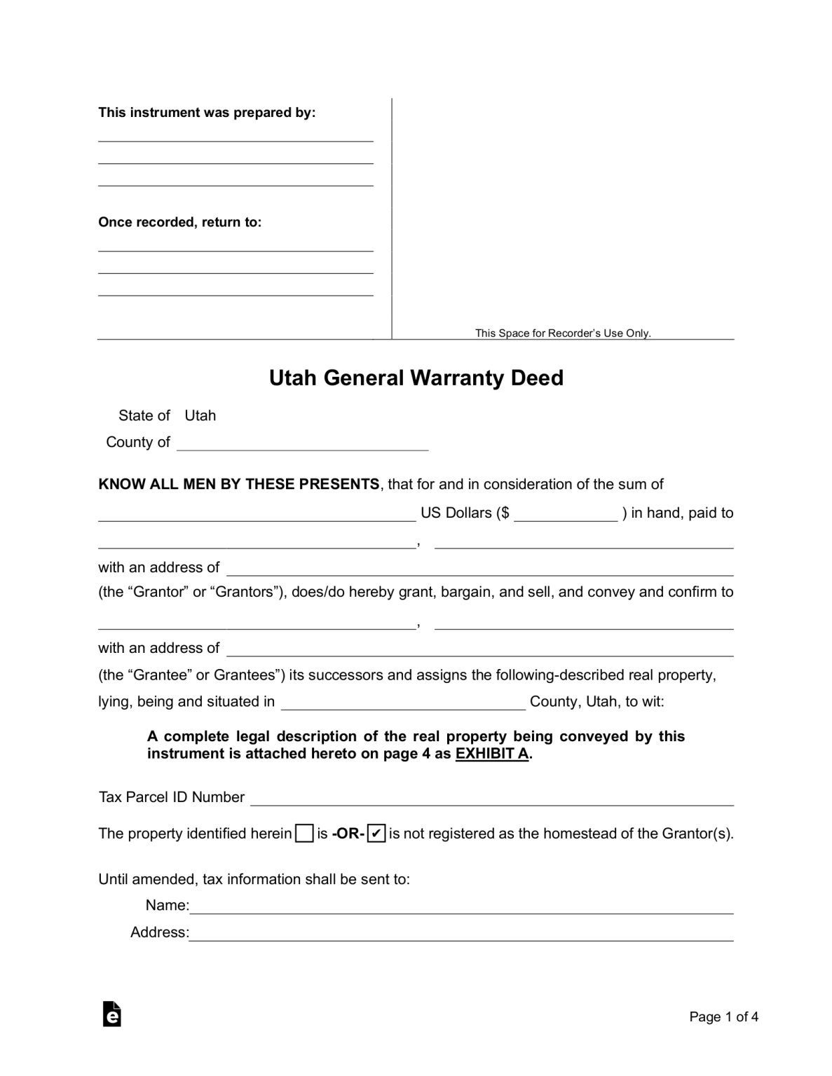 Free Utah General Warranty Deed Form PDF Word eForms