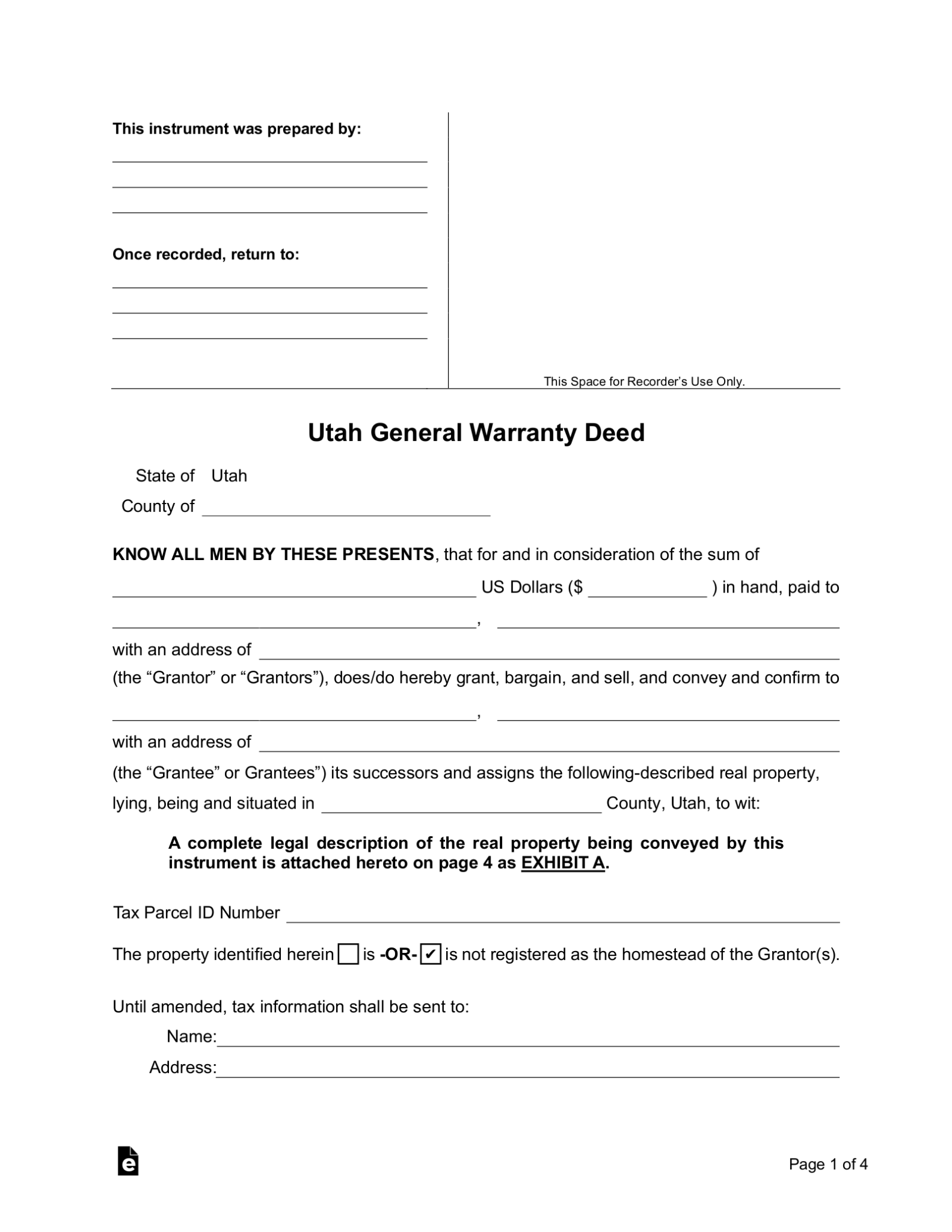 Free Utah General Warranty Deed Form - PDF | Word – eForms