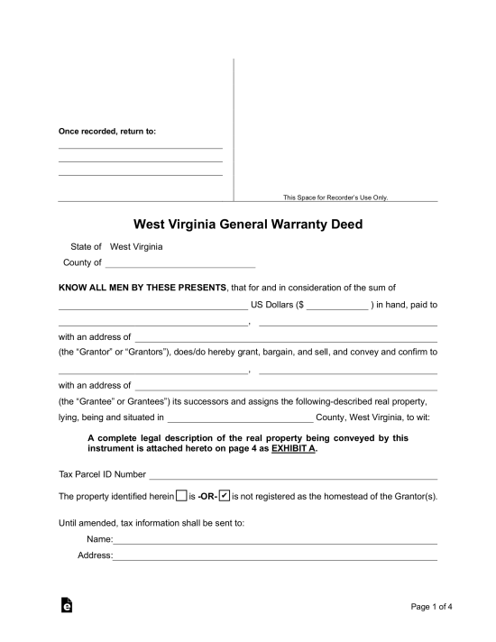 Free West Virginia General Warranty Deed Form - PDF | Word – eForms