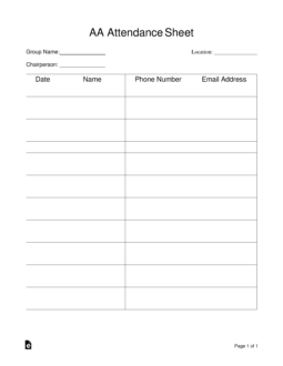 Alcoholics Anonymous (AA) Sign-in / Attendance Sheet Template (for Group Leader)