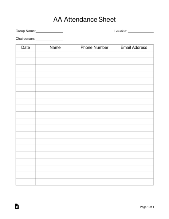 Free Alcoholics Anonymous (AA) Sign-in / Attendance Sheet Template (for ...