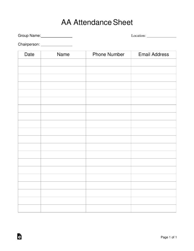 Alcoholics Anonymous (AA) Signin / Attendance Sheet Template (for