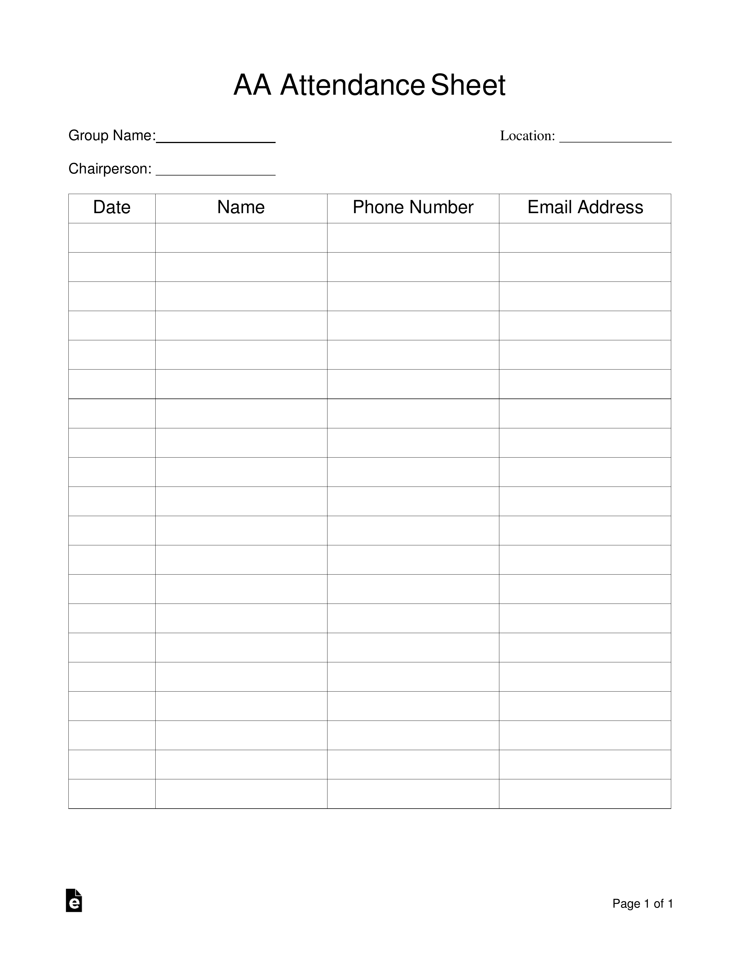 Alcoholics Anonymous (AA) Sign-in / Attendance Sheet Template (for Group Leader)