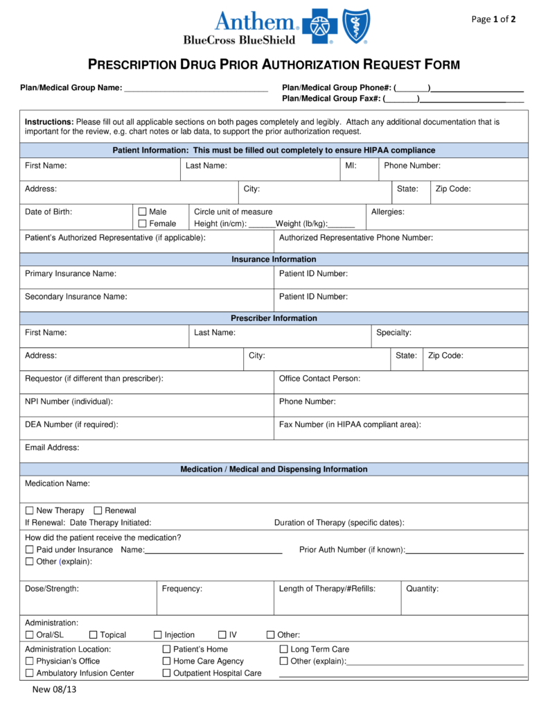 Free Anthem (Blue Cross Blue Shield) Prior (Rx) Authorization Form