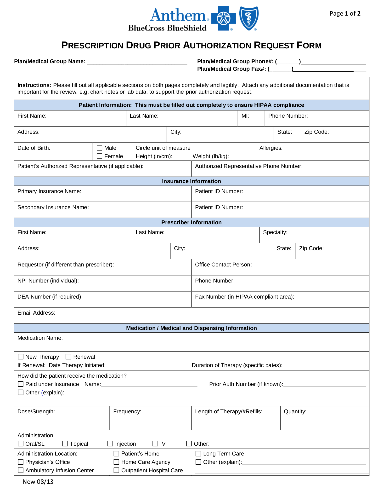Anthem (Blue Cross Blue Shield) Prior (Rx) Authorization Form