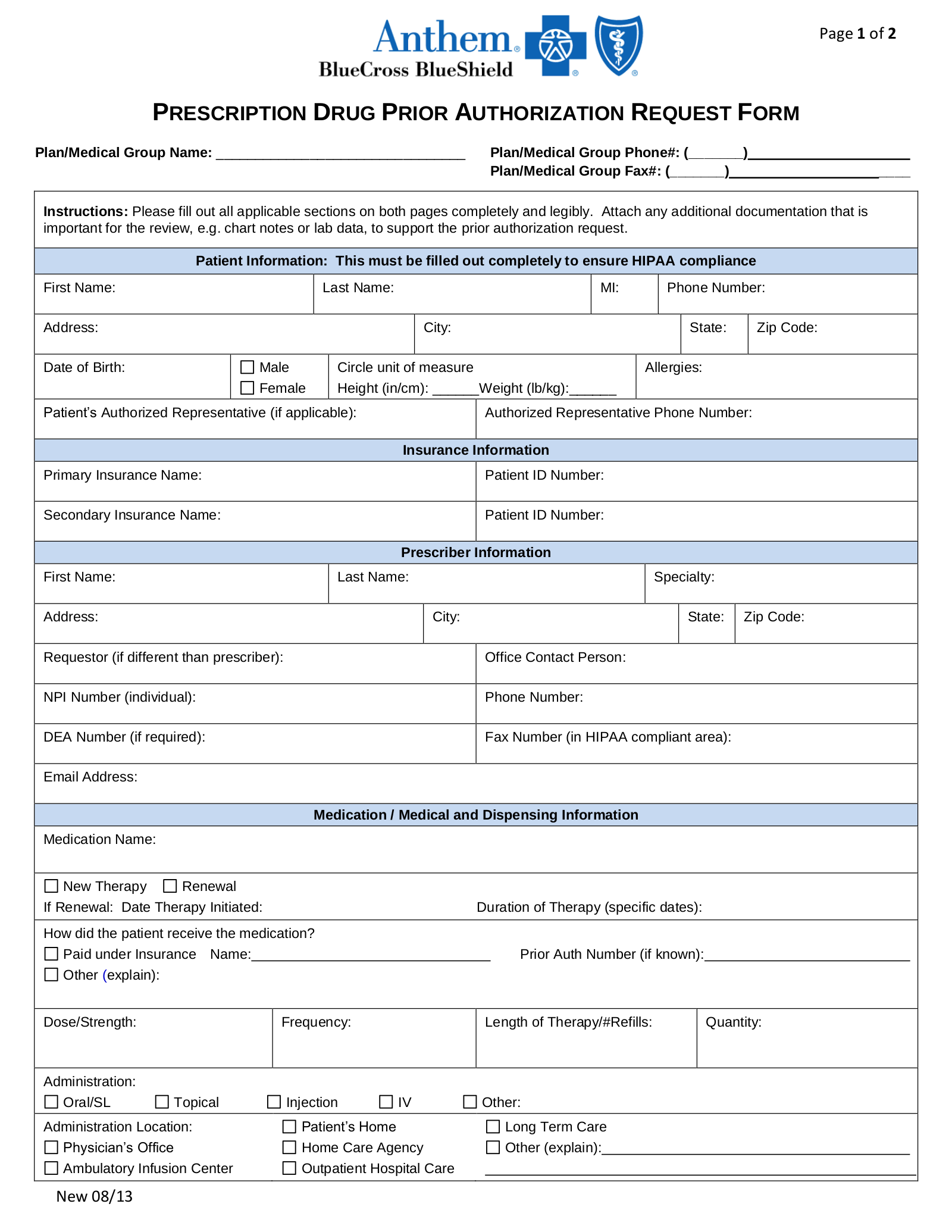 Free Anthem Blue Cross Blue Shield Prior Rx Authorization Form PDF EForms