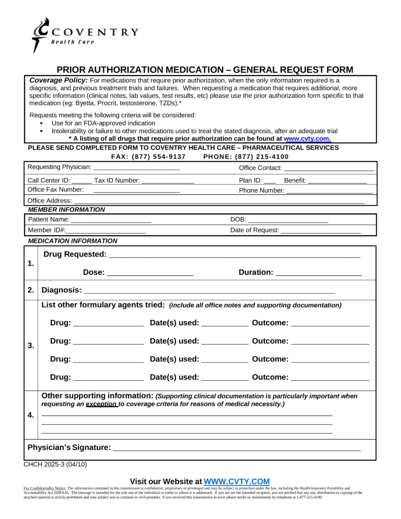 Free Coventry Health Care Prior Rx Authorization Form PDF EForms