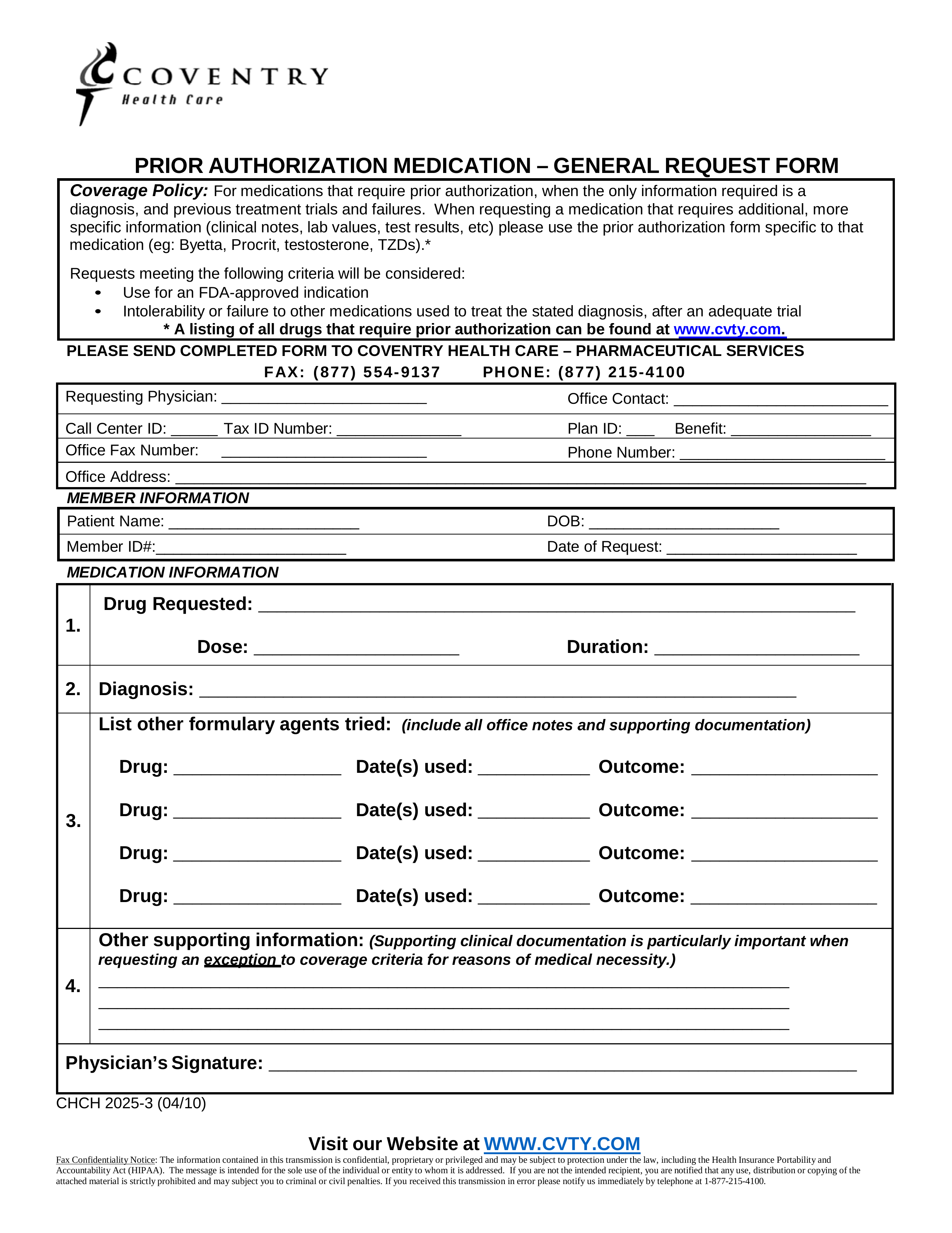 Coventry Health Care Prior (Rx) Authorization Form