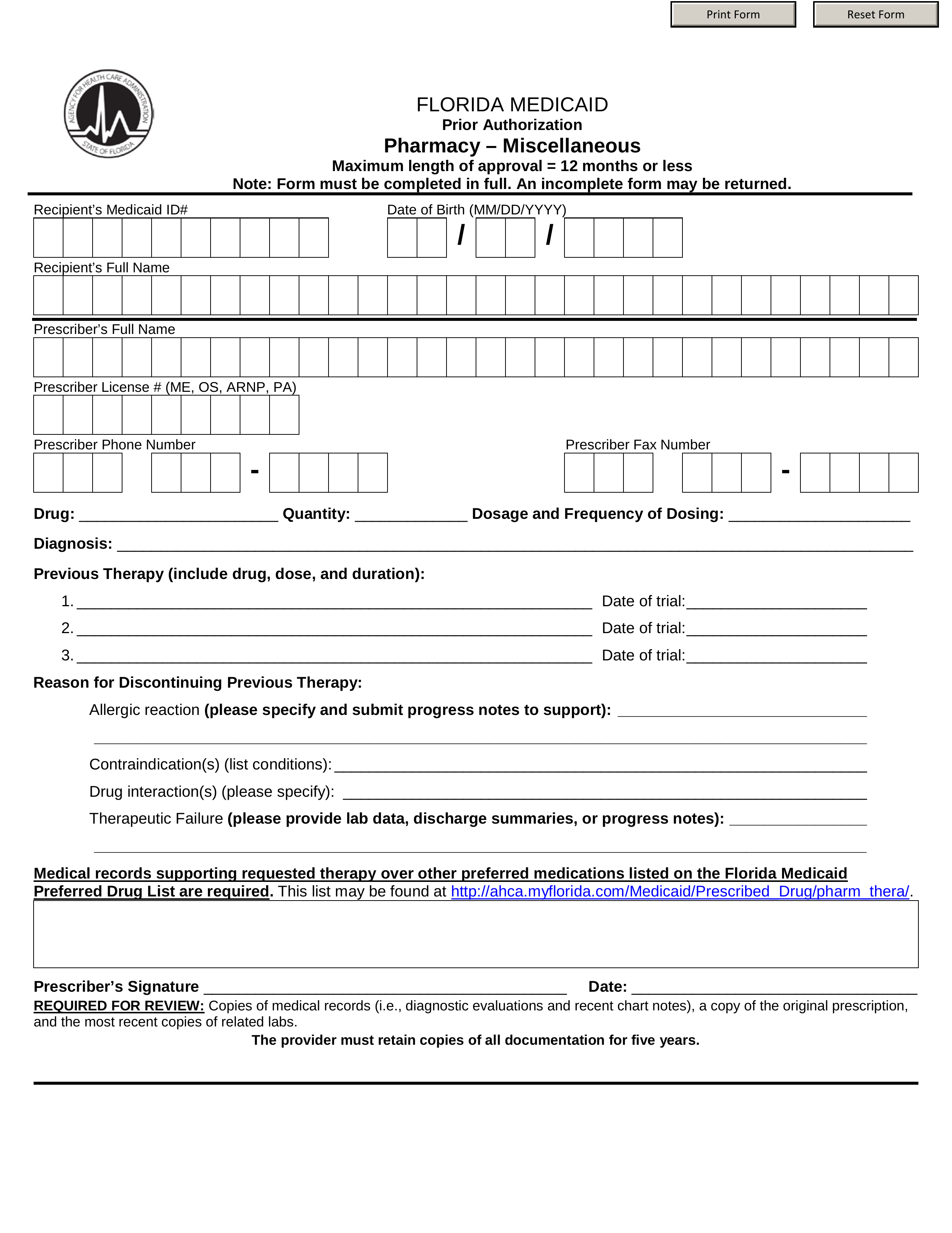 Free Florida Medicaid Prior (Rx) Authorization Form - PDF - eForms