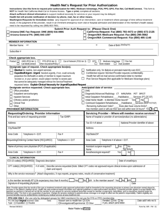 Free Health Net Prior (Rx) Authorization Form - PDF – eForms