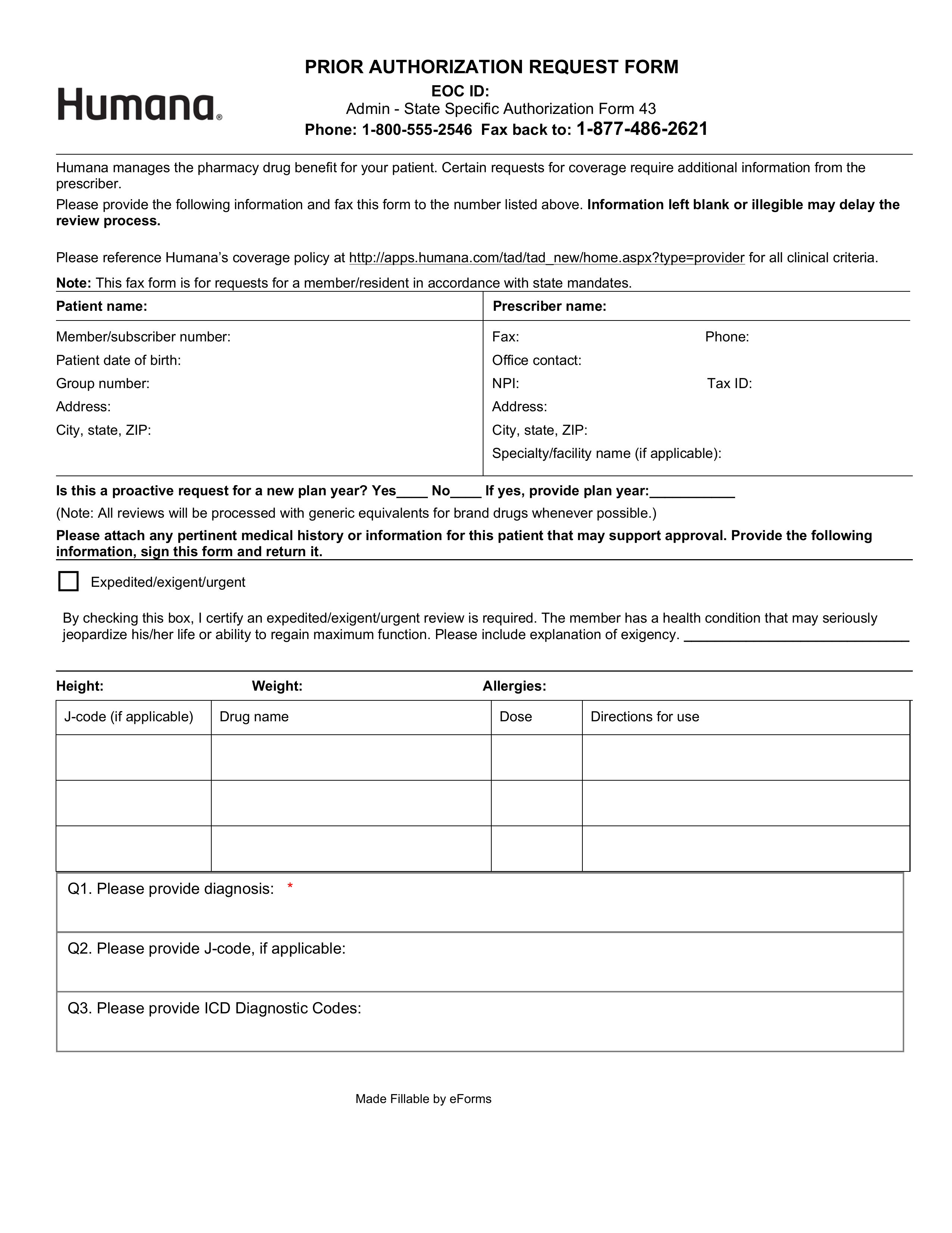 Free Humana Prior Rx Authorization Form Pdf Eforms Free