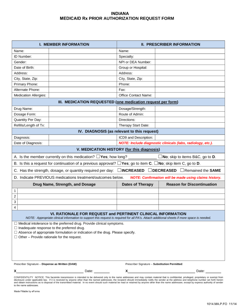 Free Indiana Medicaid Prior Rx Authorization Form Pdf Eforms 0544