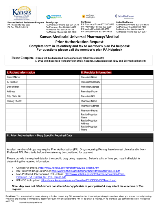 Free Kansas Medicaid Prior (Rx) Authorization Form PDF eForms