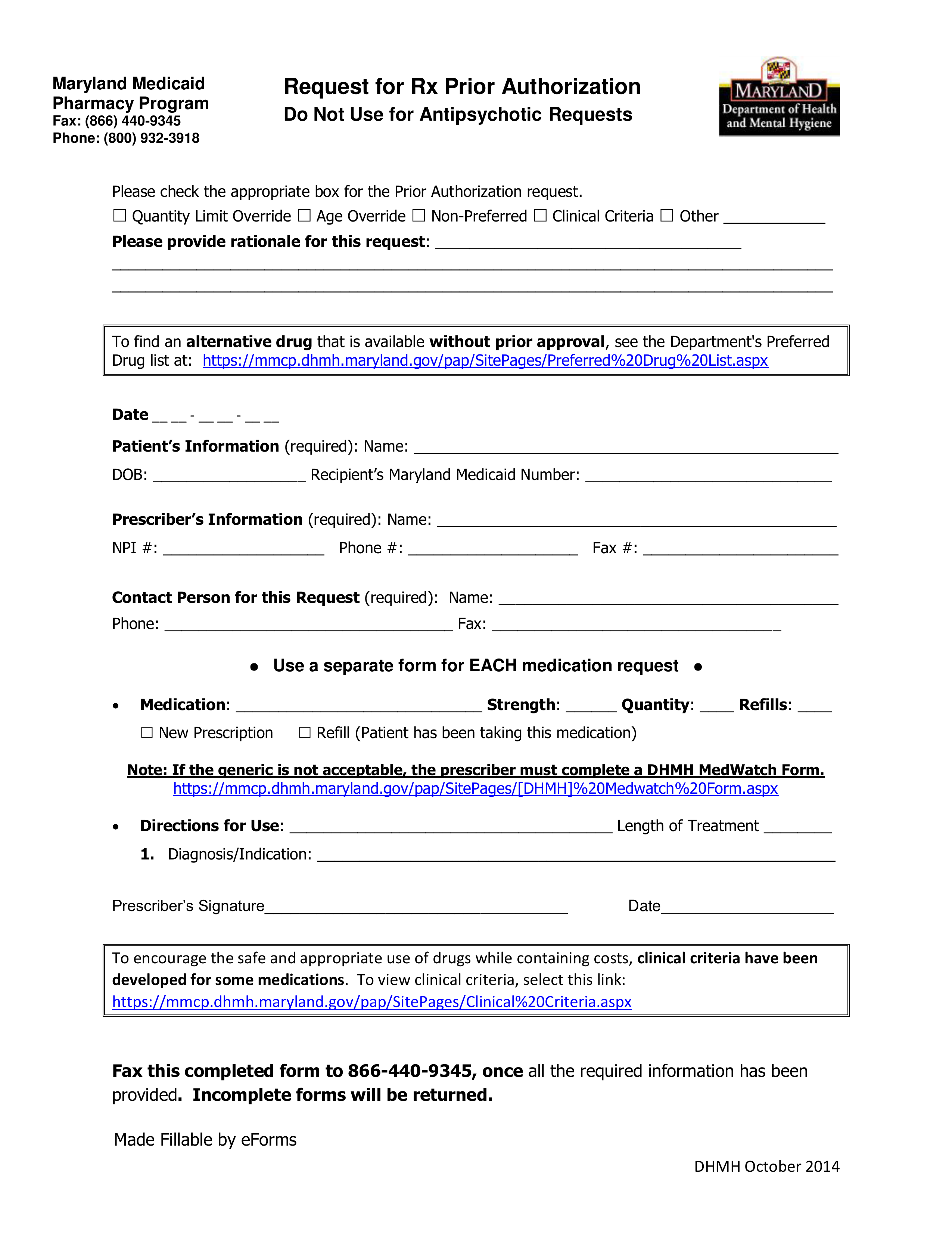 Maryland Medicaid Prior (Rx) Authorization Form