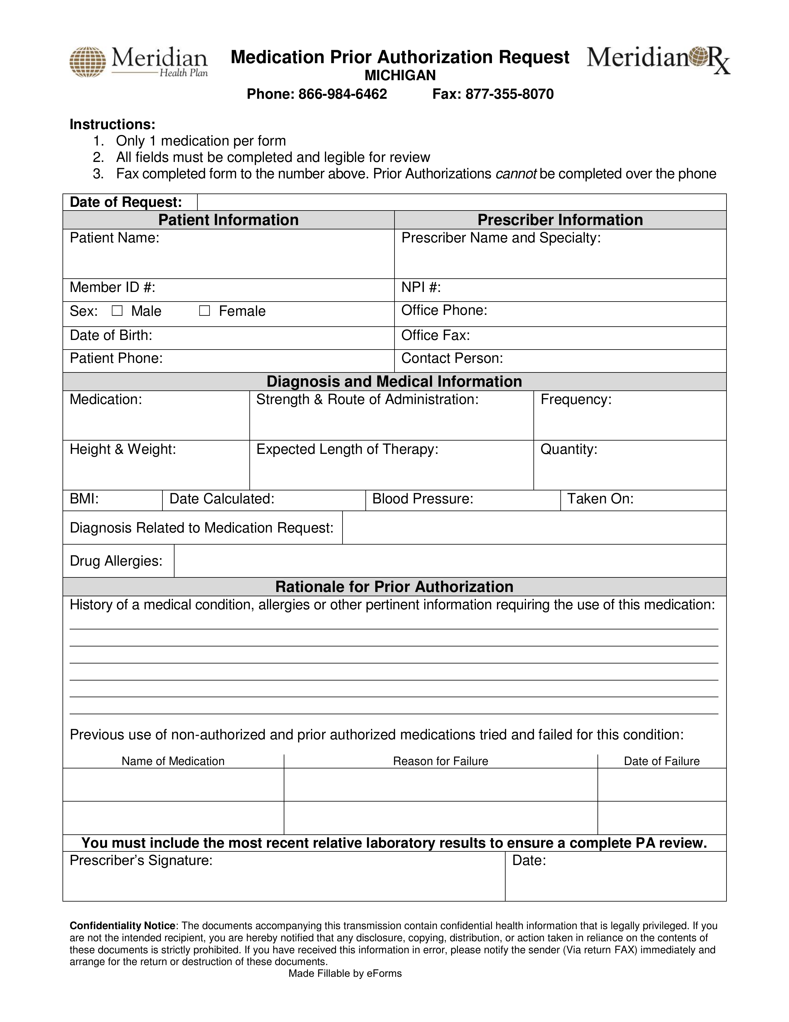 Free Meridian Prior Rx Authorization Form Pdf Eforms 8452