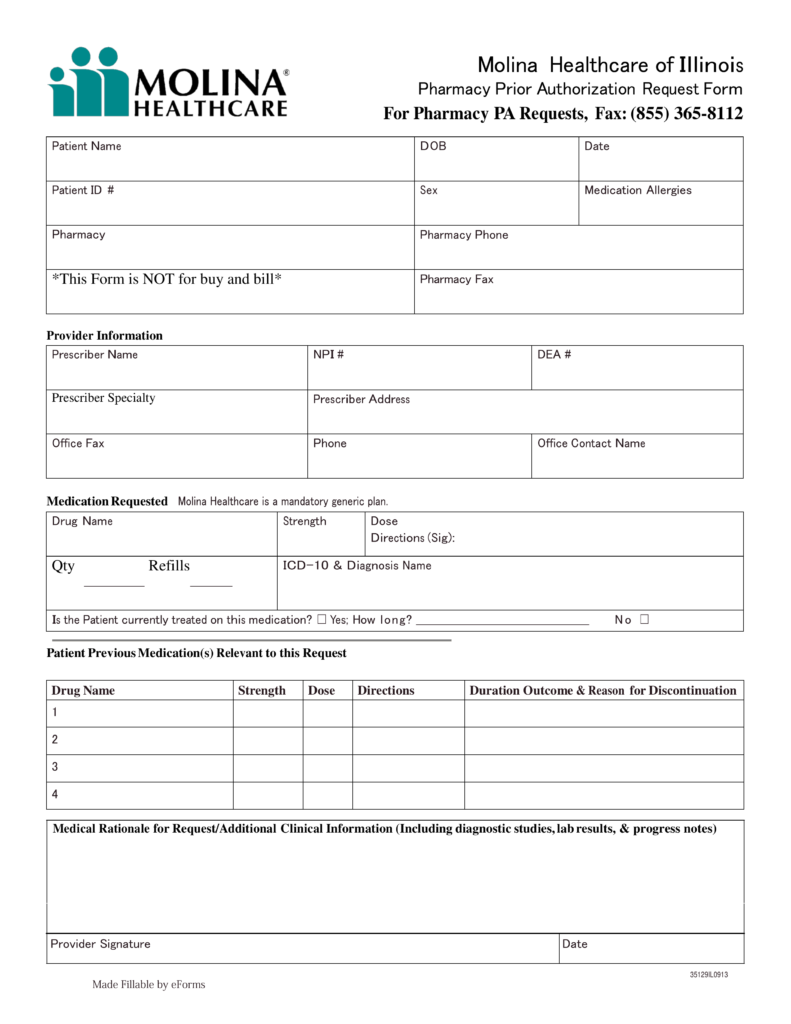 Free Molina Healthcare Prior Rx Authorization Form PDF EForms 