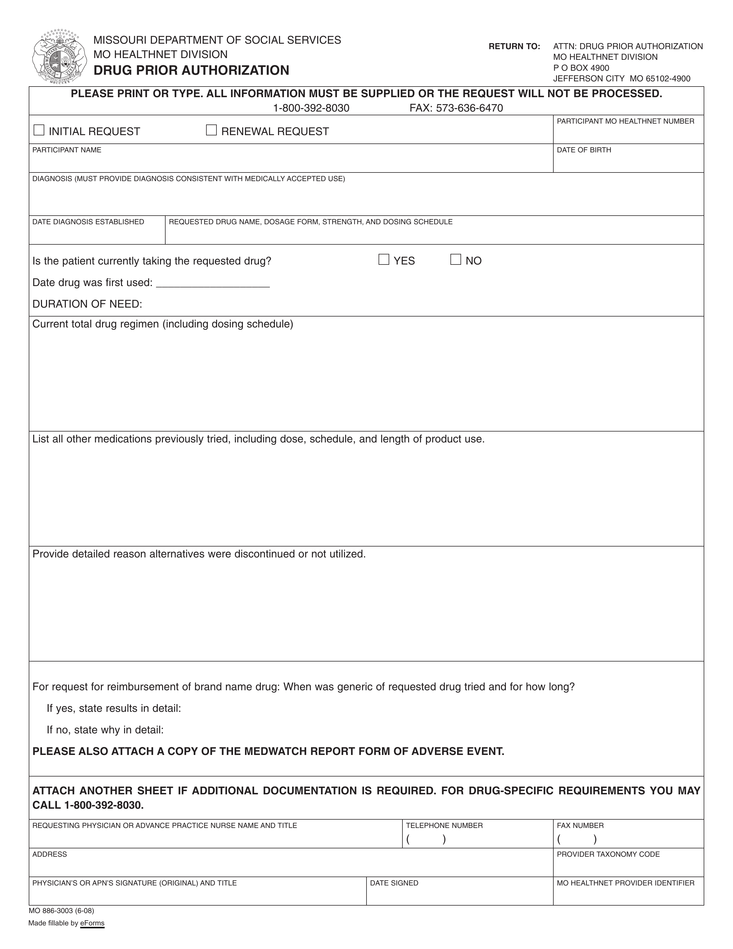 Missouri Medicaid Prior (Rx) Authorization Form