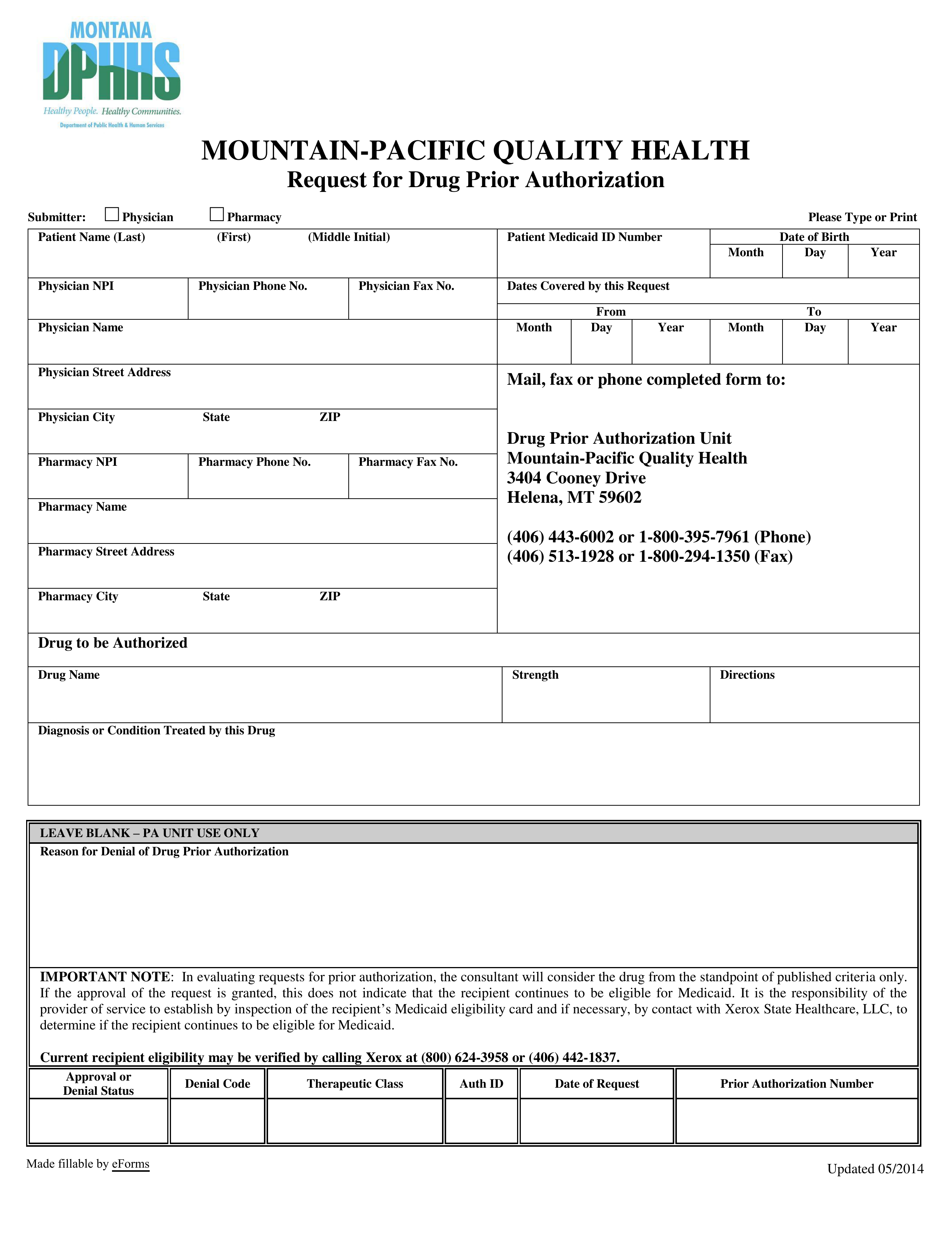 Montana Medicaid Prior (Rx) Authorization Form