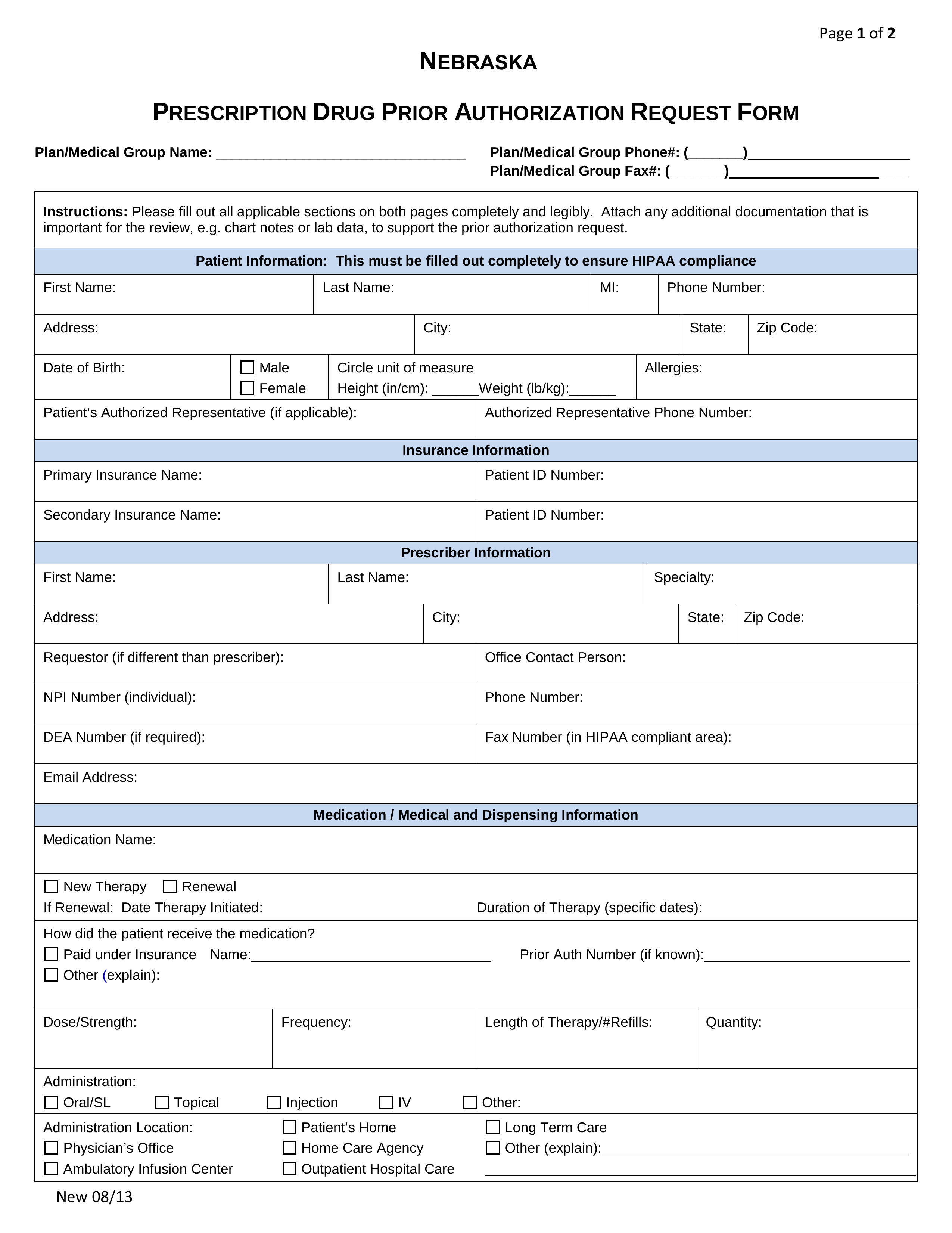 Nebraska Medicaid Prior (Rx) Authorization Form