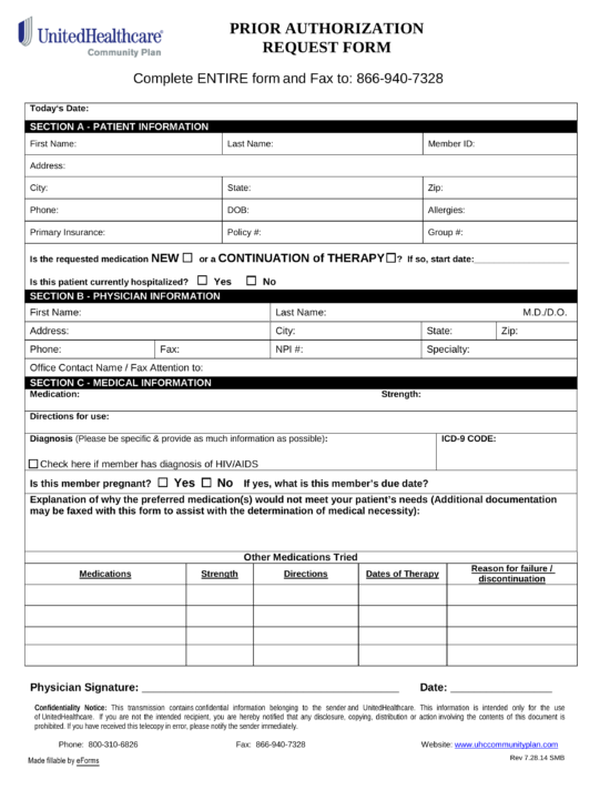Free Unitedhealthcare Prior Rx Authorization Form Pdf Eforms 8662