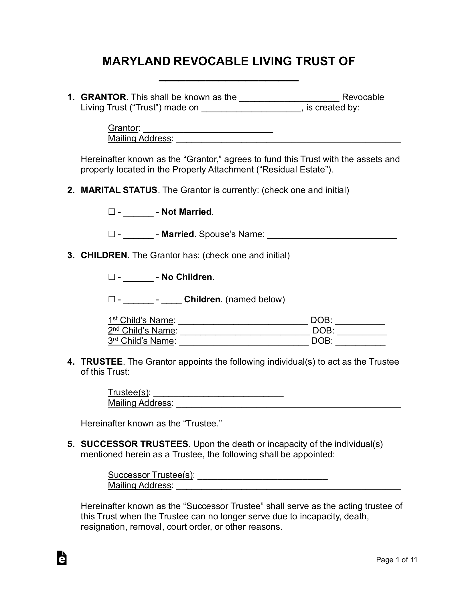 Maryland Living Trust Form (Revocable)