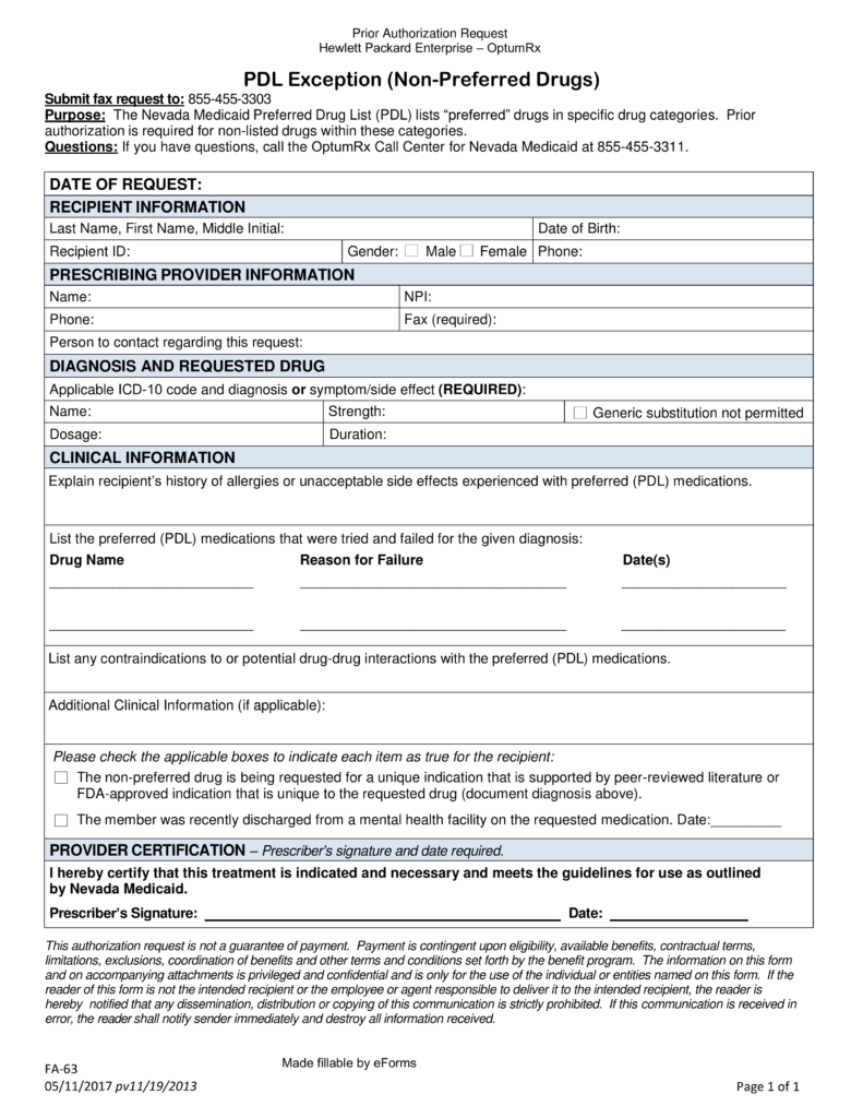 Free Nevada Medicaid Prior Authorization Form Pdf Eforms 1525