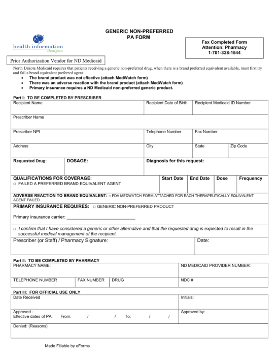 Free North Dakota Medicaid Prior Authorization Form Pdf Eforms 2875
