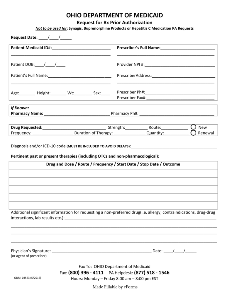 Free Ohio Medicaid Prior Authorization Form PDF EForms