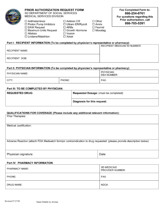 Free South Dakota Medicaid Prior Authorization Form PDF eForms
