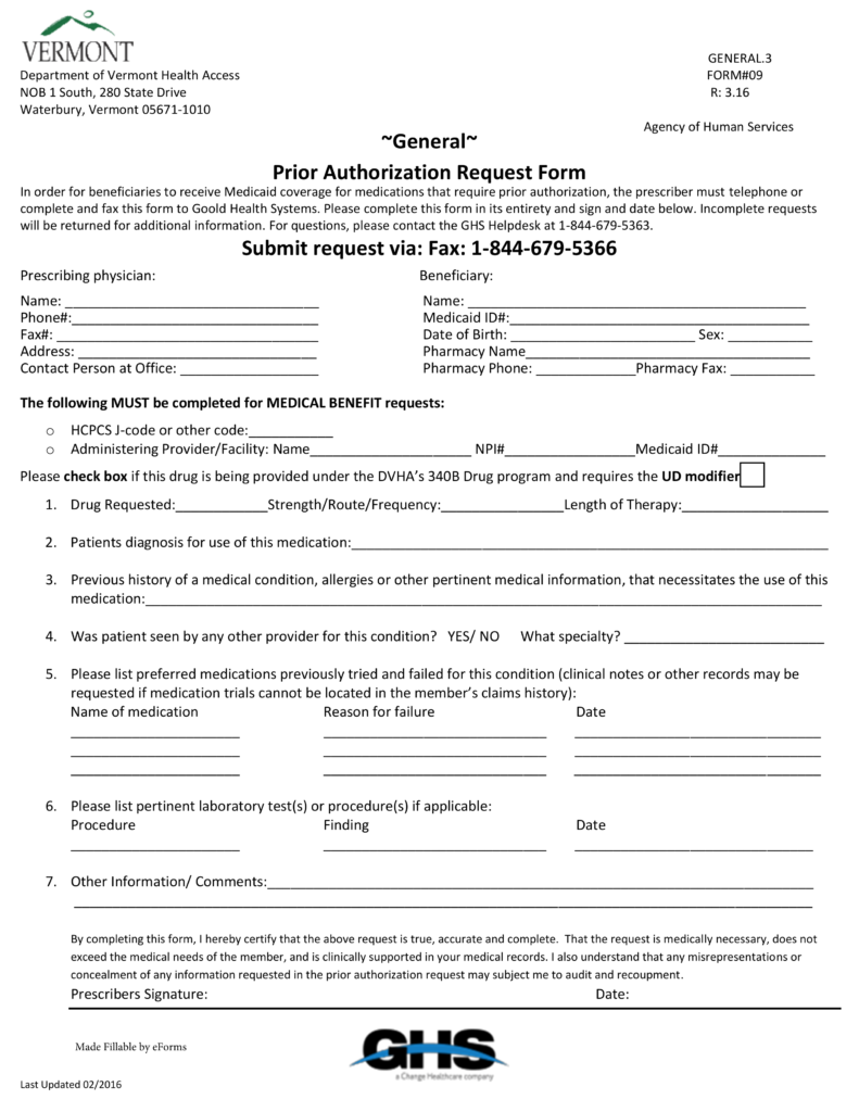 Free Vermont Medicaid Prior Authorization Form - PDF ...