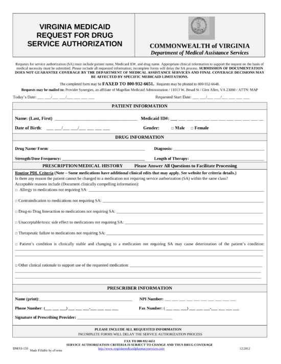 Free Virginia Medicaid Prior Authorization Form - PDF | eForms