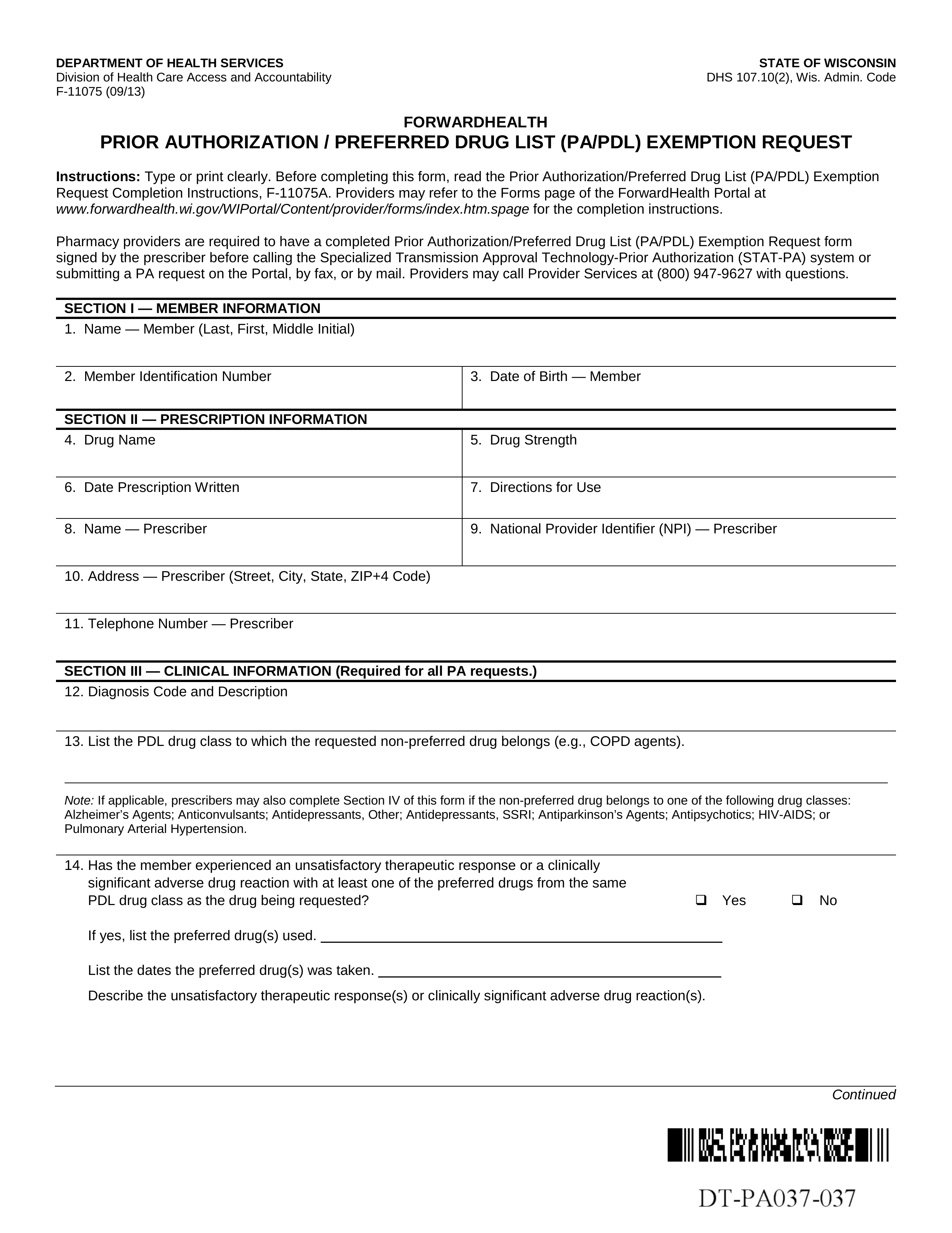 Wisconsin Medicaid Prior (Rx) Authorization Form