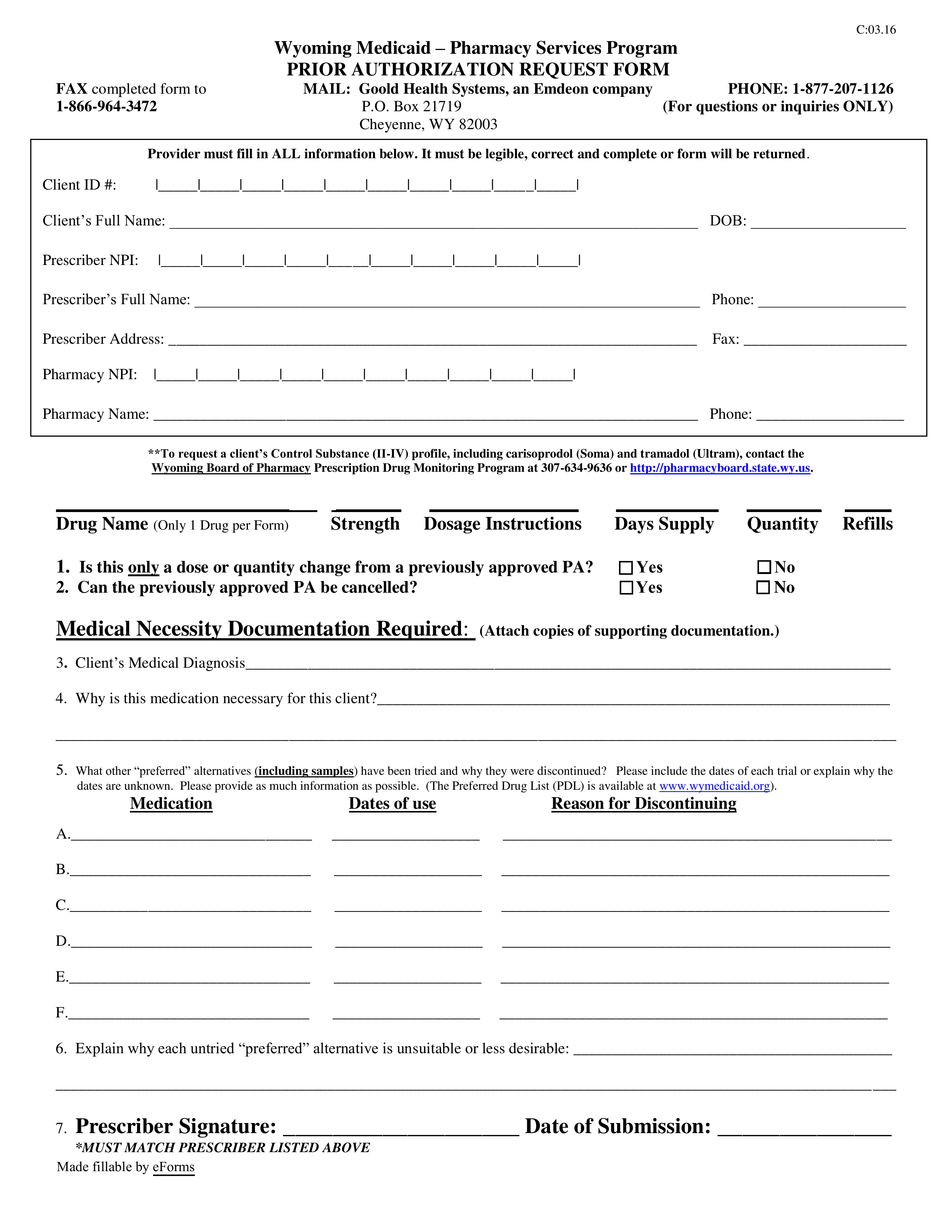 Wyoming Medicaid Prior (Rx) Authorization Form