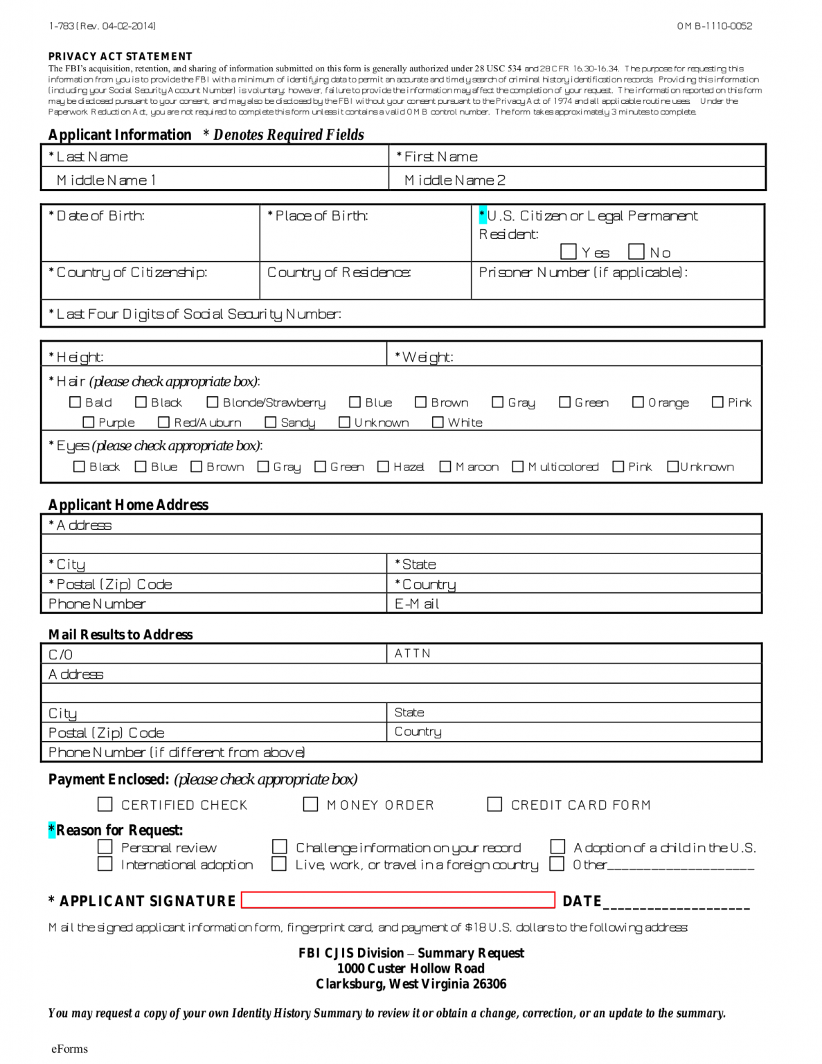 Free Fbi Criminal Background Check Form 1 783 Pdf Eforms 8459