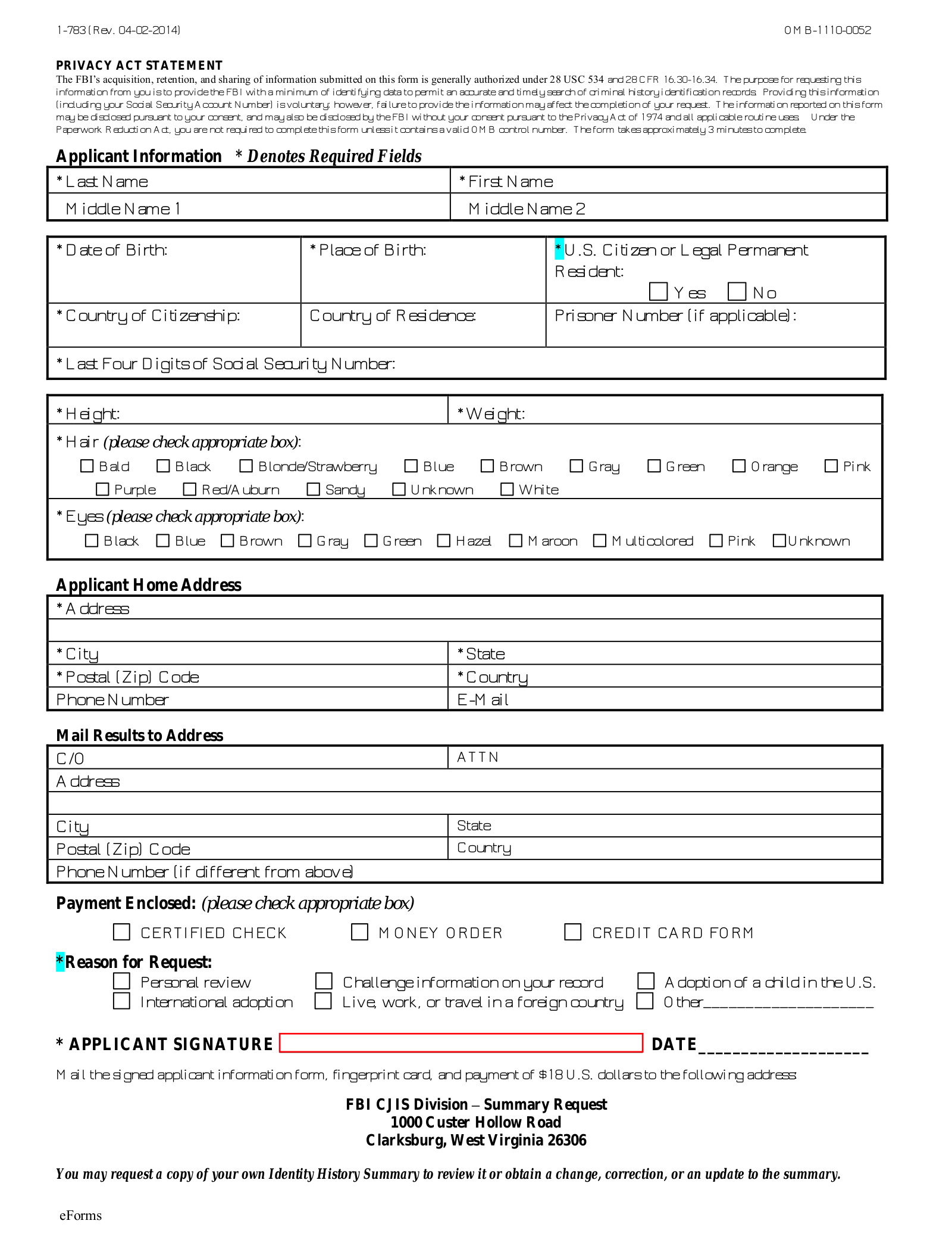 area earphone semester Free FBI Criminal Background Check (Form 1-783) - PDF – eForms