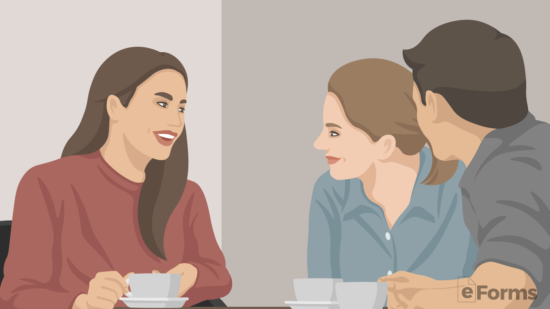woman speaking to two individuals over coffee