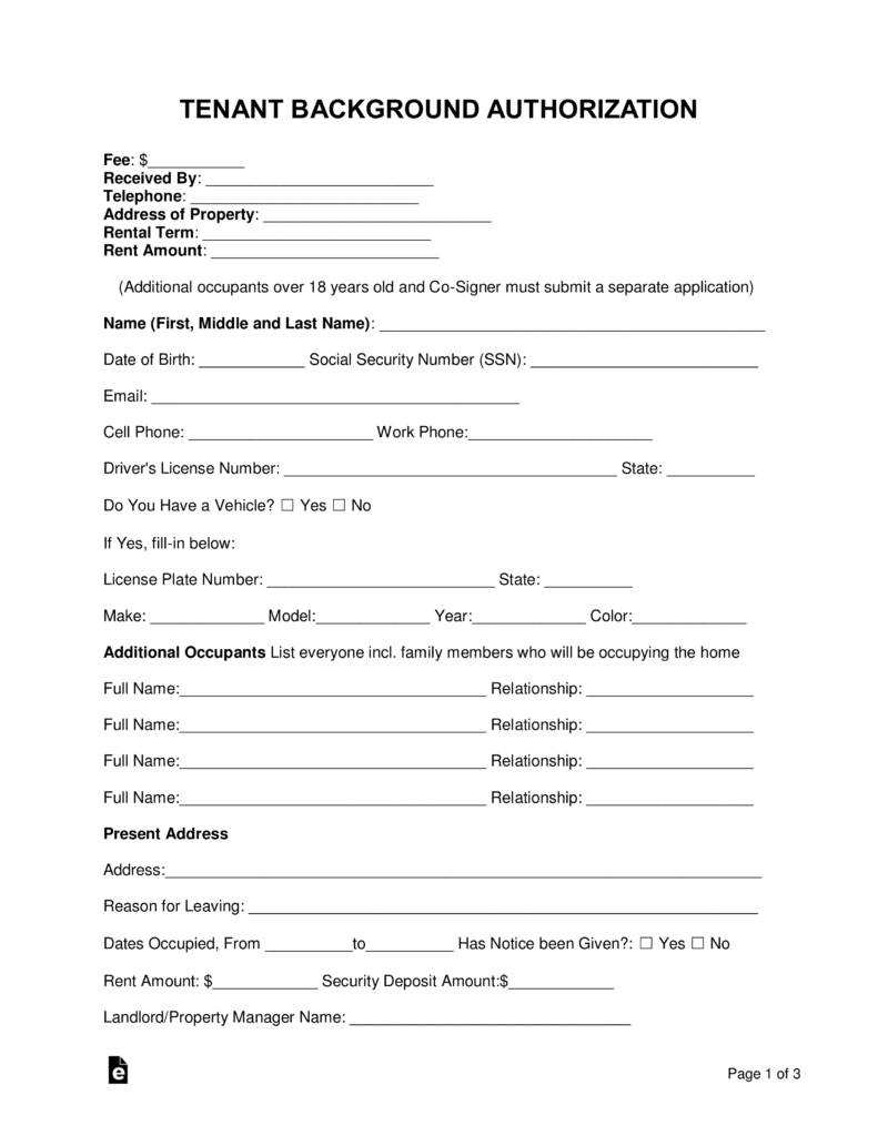 Free Tenant Renter Background Check Form Word