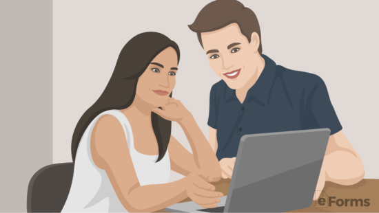 man and woman reviewing sexual consent form on laptop