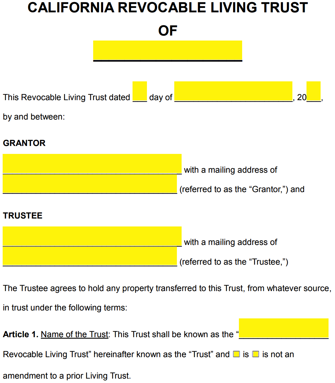 Free California Revocable Living Trust Form PDF Word eForms