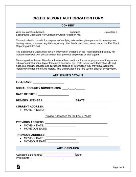 Credit Report Authorization (Consent) Form