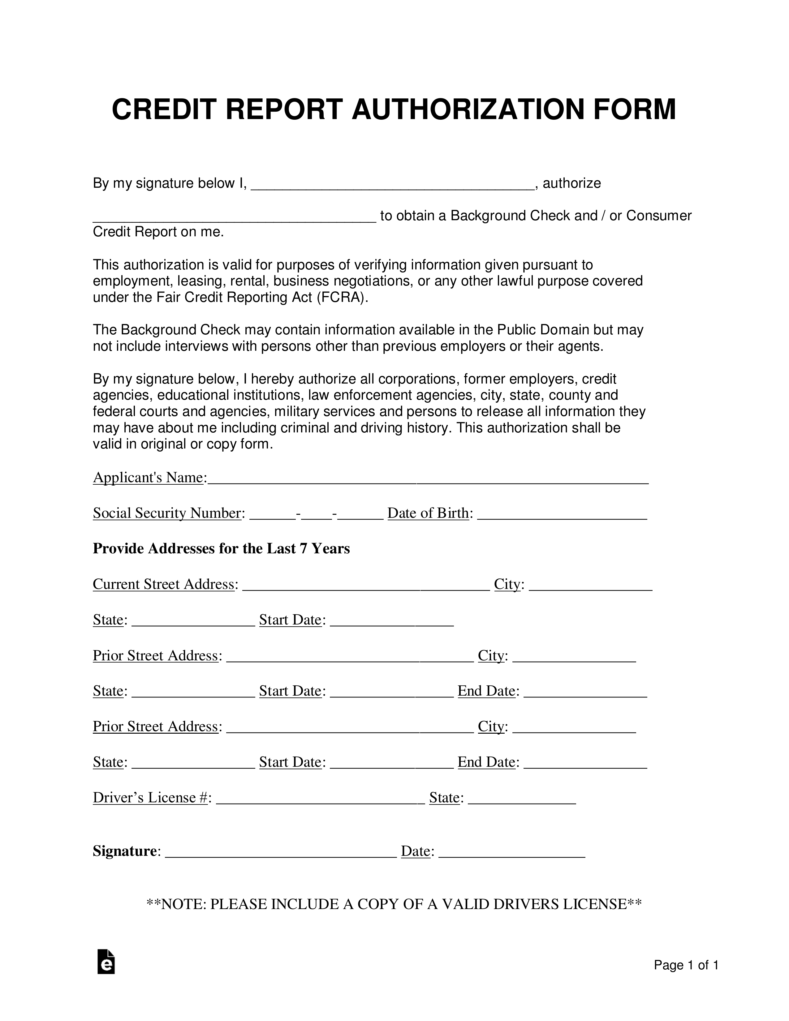 Credit Report Authorization (Consent) Form