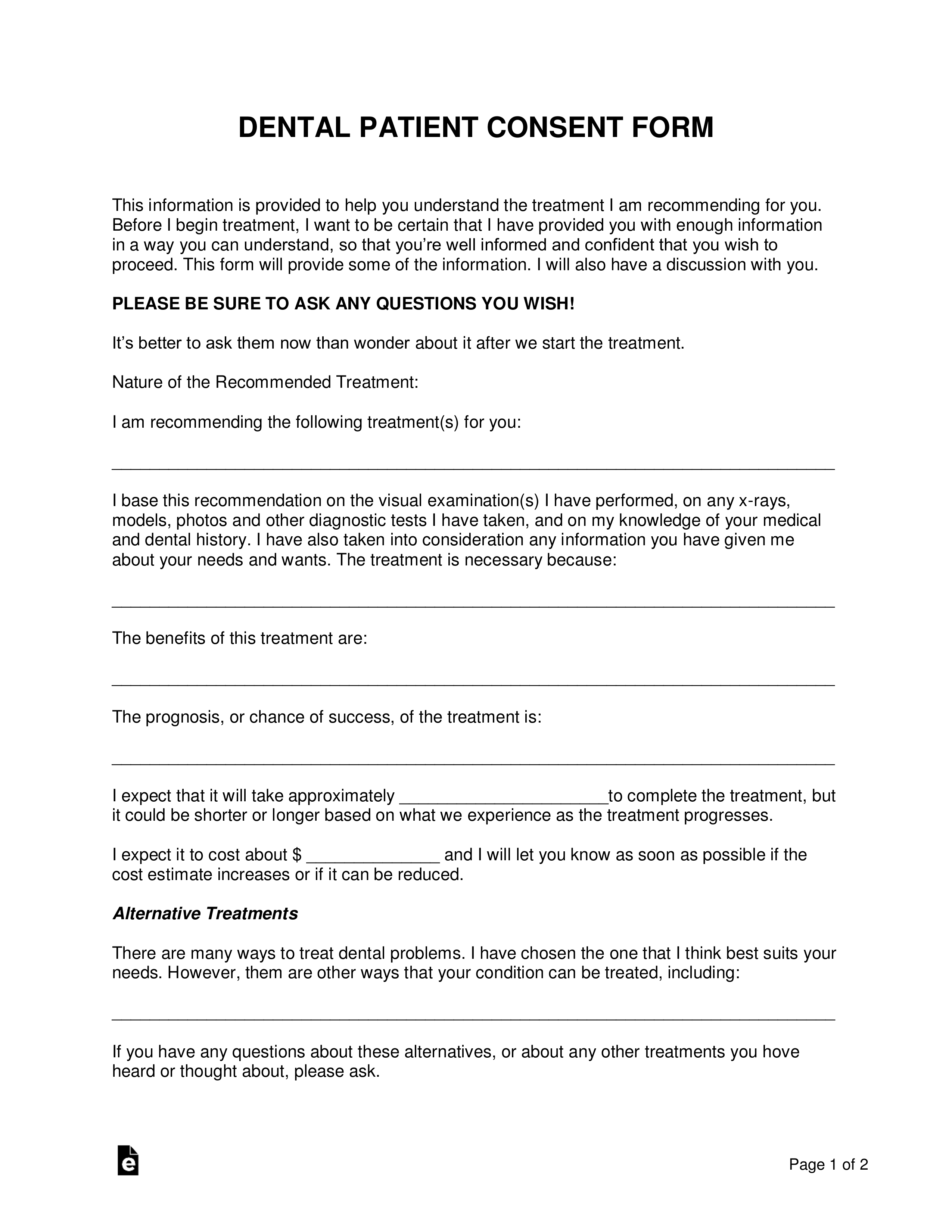 Free Dental (Patient) Consent Form Word PDF eForms