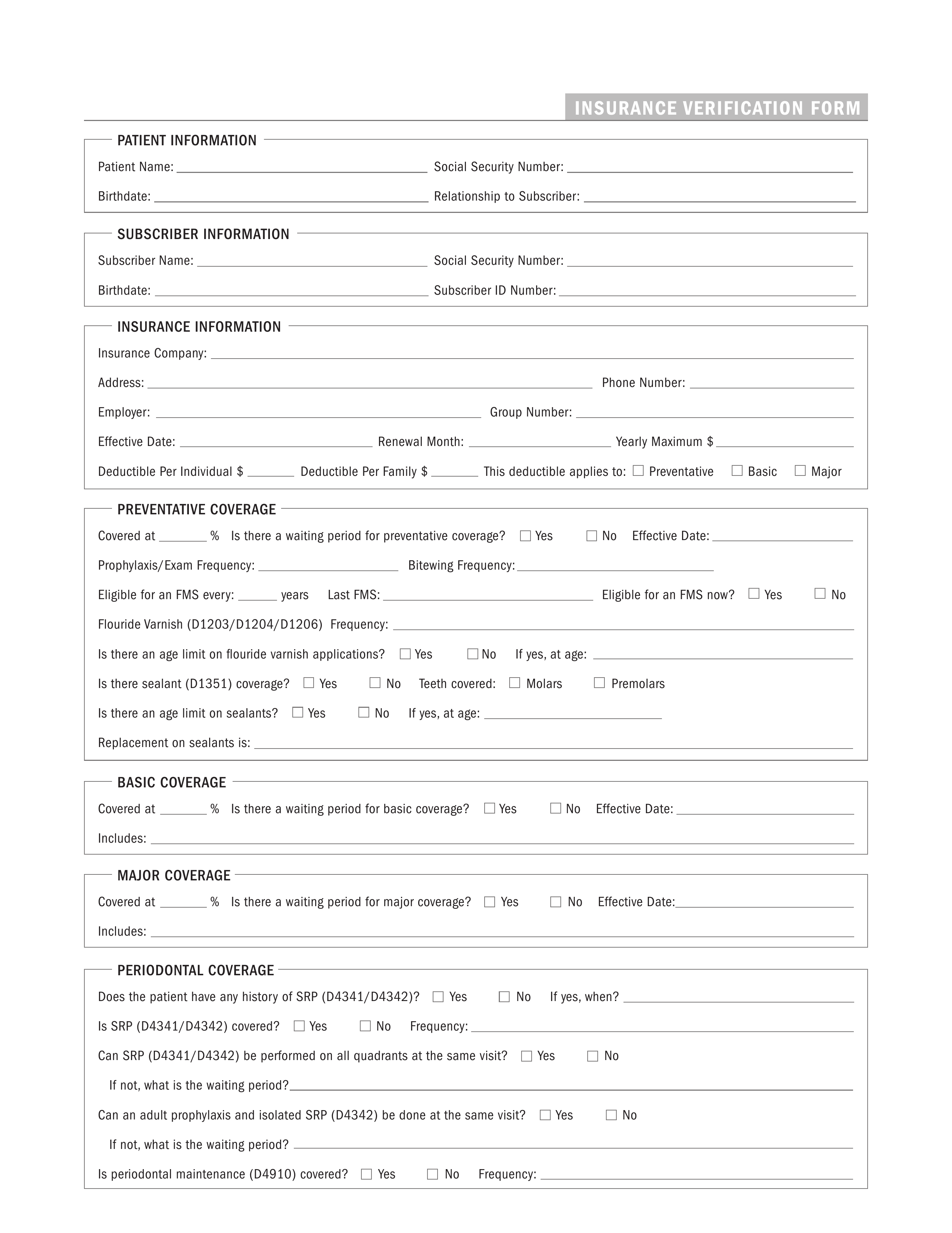 Free Dental Insurance Verification Form PDF EForms