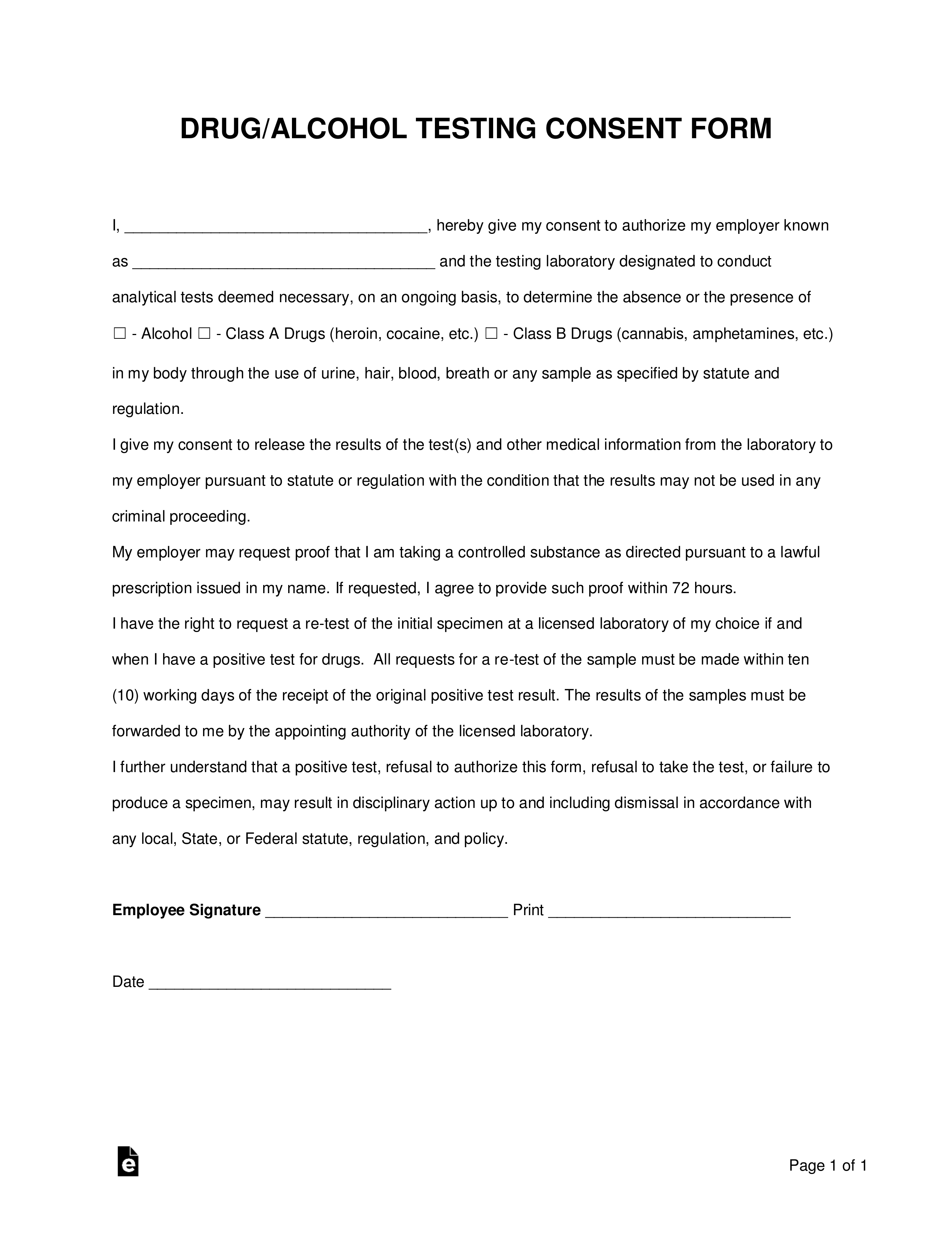 Free Drug / Alcohol Testing Consent Form PDF Word eForms