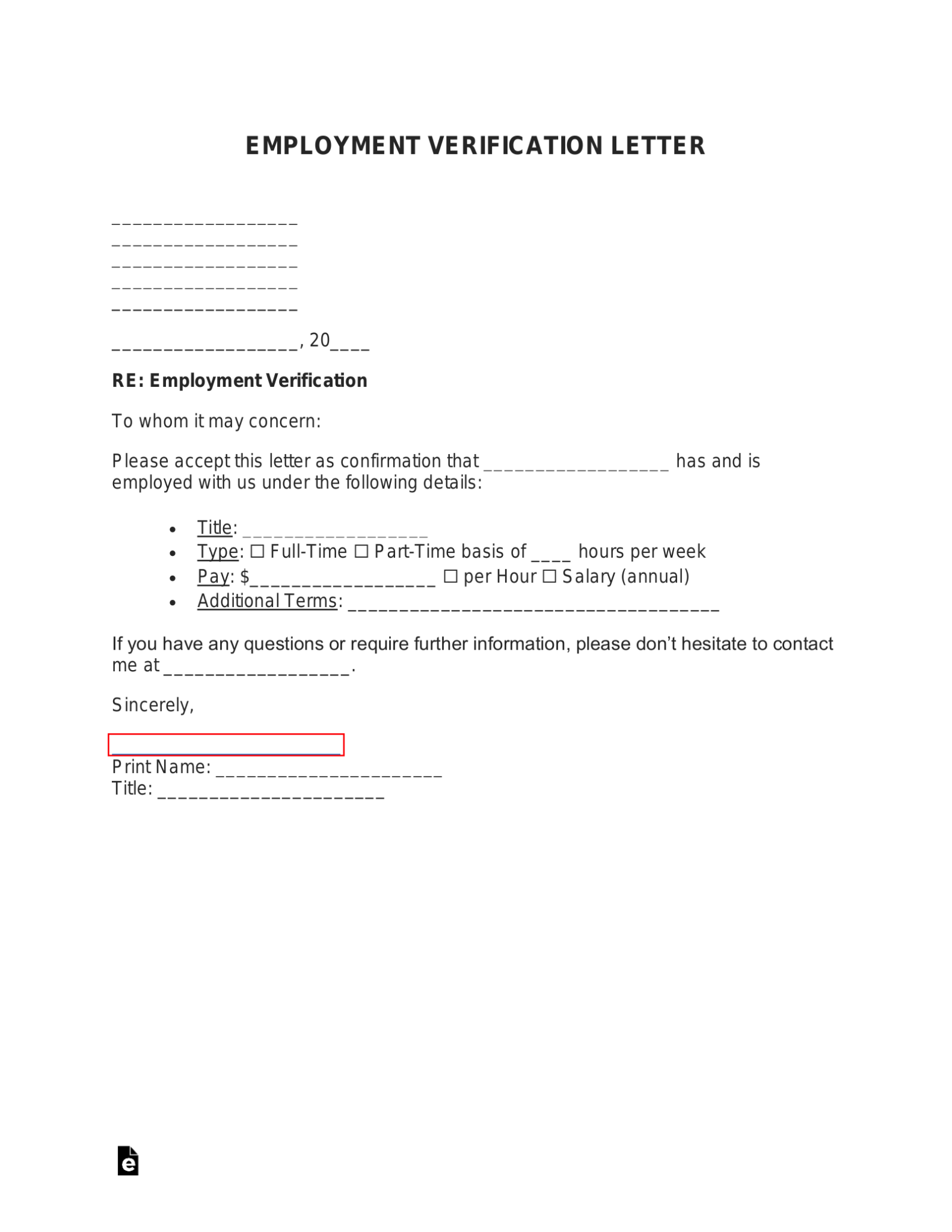 Free Printable Letter Of Employment Template