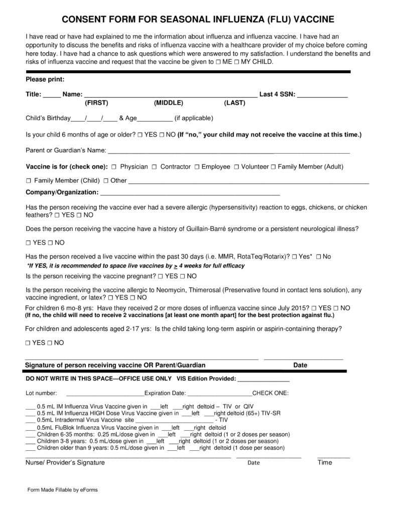 Free Flu Shot Influenza Vaccine Consent Form PDF Word EForms Free Fillable Forms