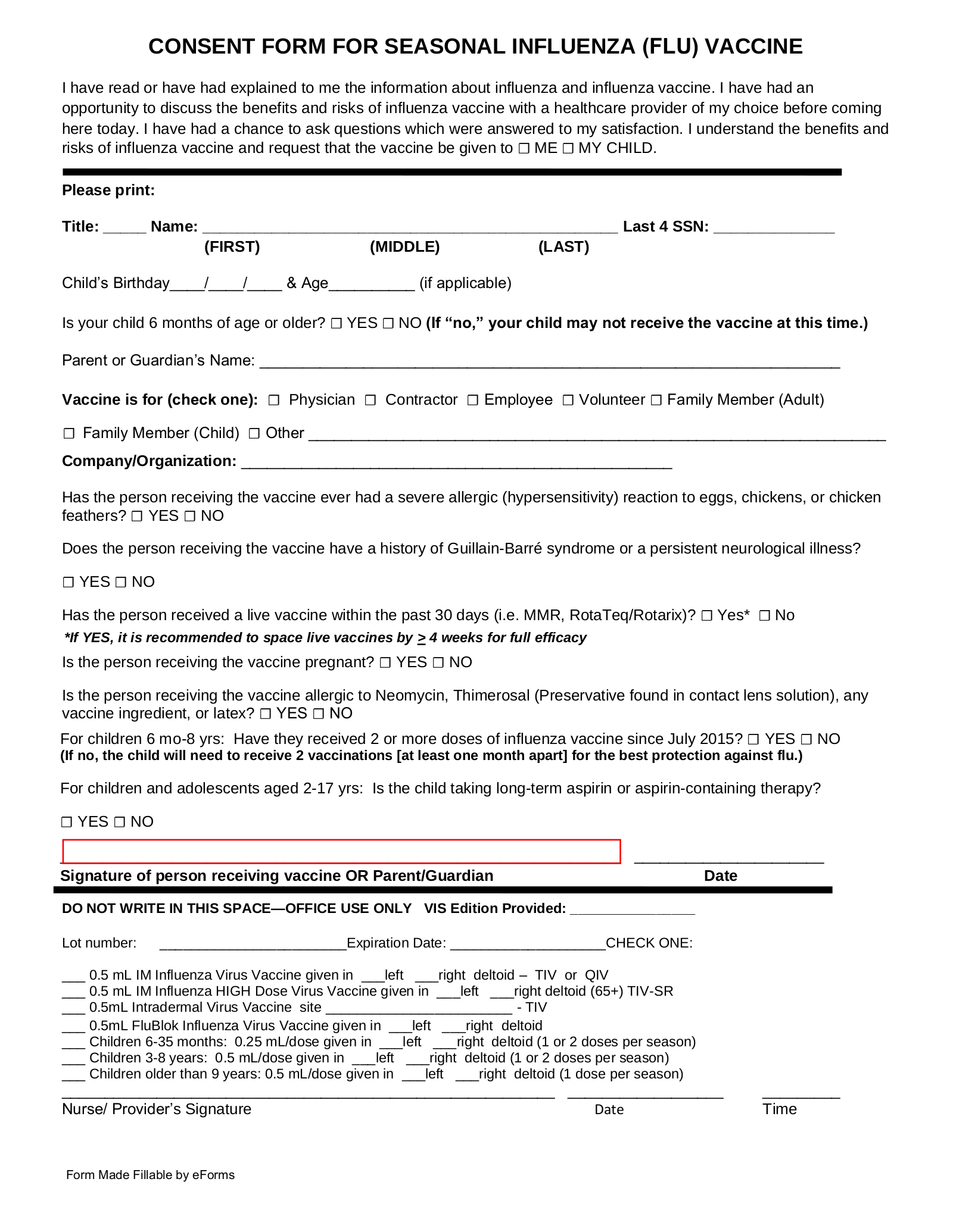 Free Flu Shot (Influenza) Vaccine Consent Form PDF Word eForms