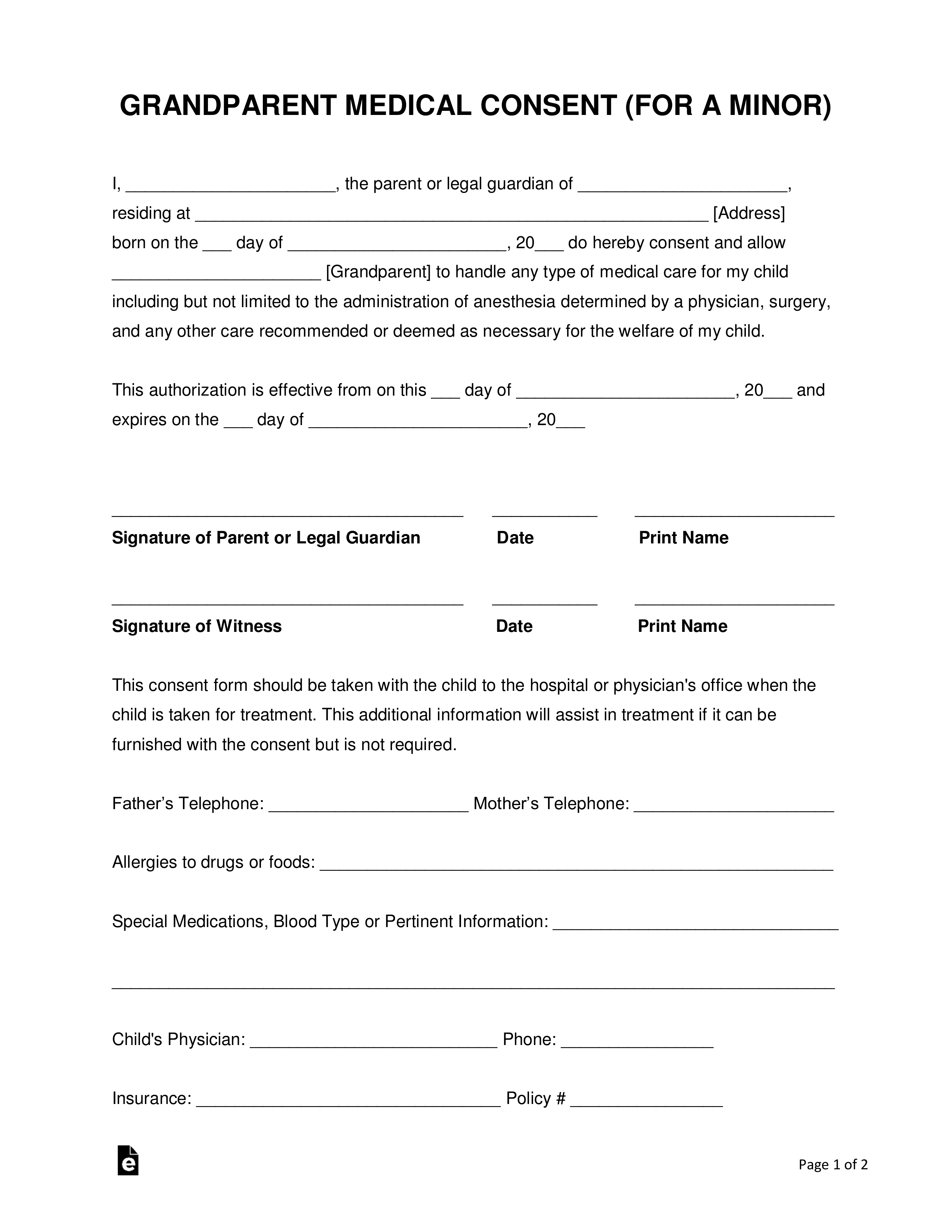 grandparents medical consent form minor child eforms